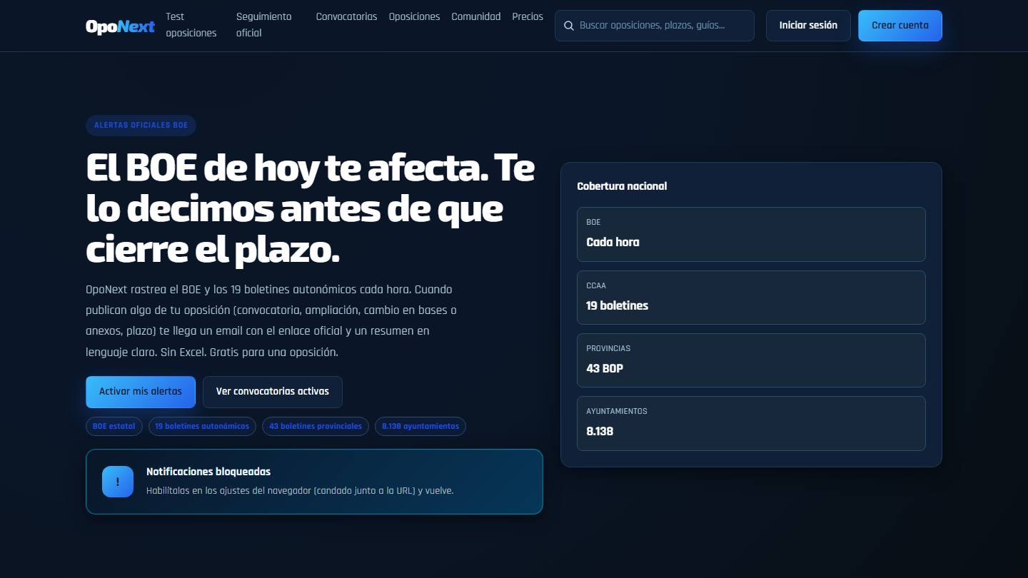 Pantalla de alertas BOE de OpoNext