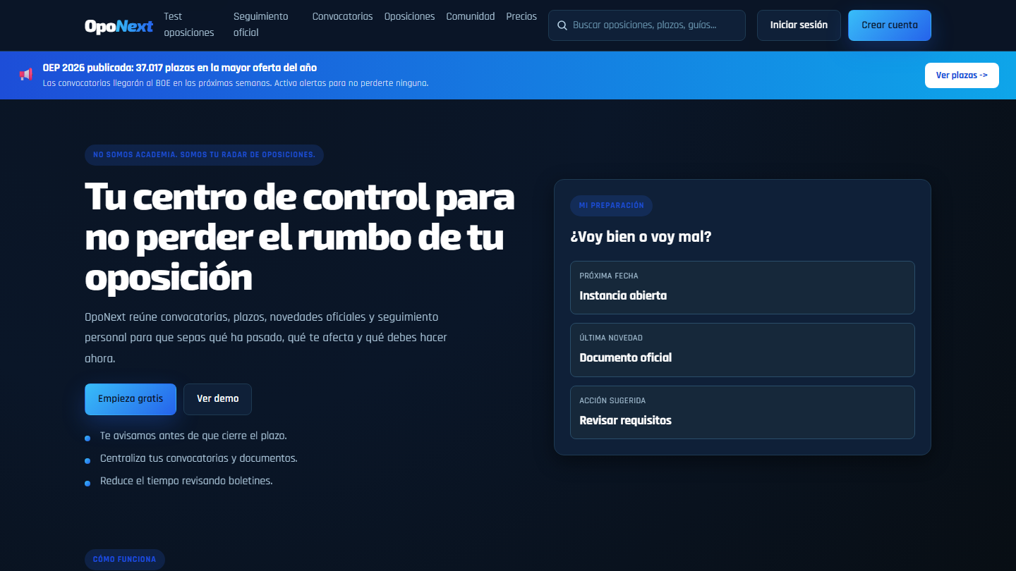 Home de OpoNext con el centro de control del opositor